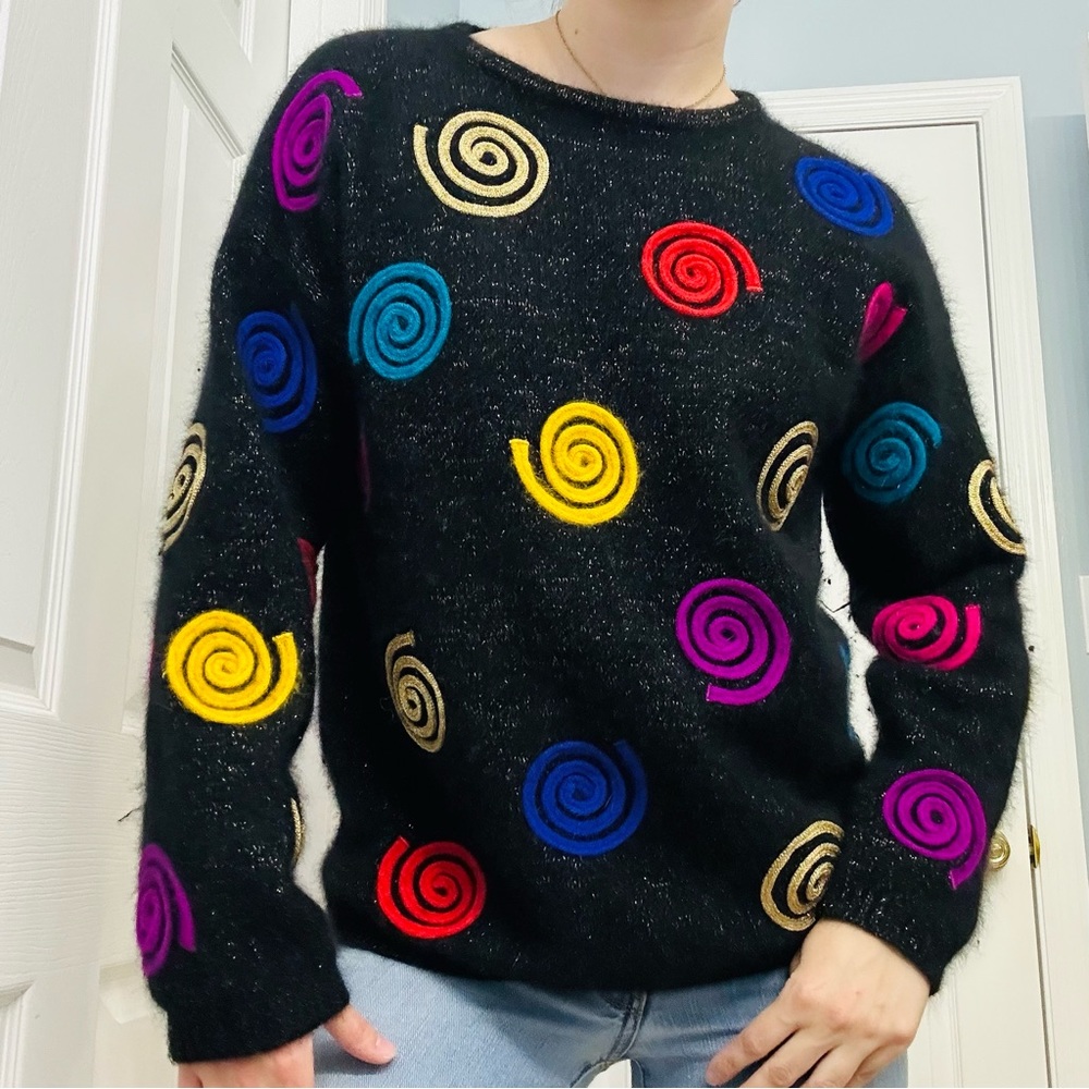 Vintage Black Crewneck Sweater with Multicolor Spiral Appliqués